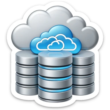 An icon featuring a database server, stacked data disks, and a cloud symbol, representing databases. The design includes binary code, a data structure diagram, and network connections, symbolizing data storage, management, and organization. Transparent background sticker