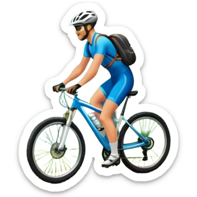 An icon featuring majestic mountains, lush green valleys, and a bright blue sky with fluffy clouds. The sun casts warm light over the landscape, emphasizing the beauty of outdoor cycling and a mountain bike standing on a scenic trail. sticker