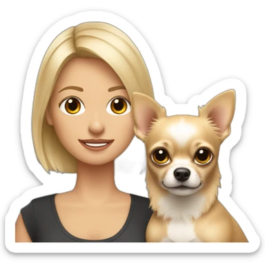 mujer rubia de pelo corto con su perro Chihuahua en los brazos sticker