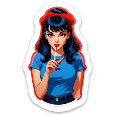 Sexy young pinup woman lighting up a cigarette she has long dark blue black hair with front bangs and she’s wearing a red t shirt  sticker