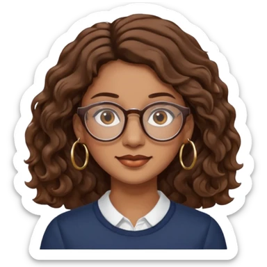 Women brown eye and brown mi-long wave hair with glasses and circle earing sticker