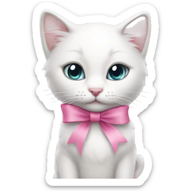 White kitty with pink ribbon on head sticker