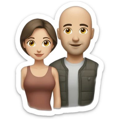 Bald man and his young brunette wife sticker