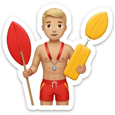 Male lifeguard – red shorts, whistle around neck, holding rescue float. sticker