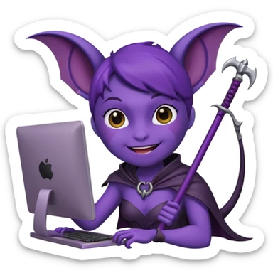 a happy purple girlie bat holding a scythe while sitting in front of her computer sticker