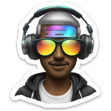 A dj wearing sunglasses playing music, record, vinyl, oilslick holographic sticker