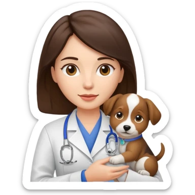 brunette woman veterinarian with puppy sticker