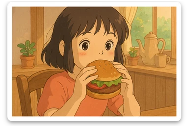 a girl with dark hair eating a burger, ghibli style sticker