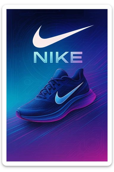 creative poster for Nike's new shoes, shoes in motion with Nike logo, futuristic and innovative style, gradient colors, eye-catching graphics sticker