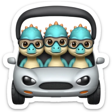 Tres dinosaurios bebés grises subidos en un carro tecnológico blanco con lentes de realidad virtual sticker