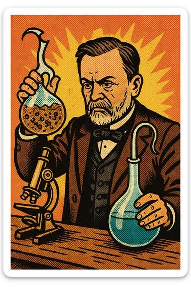 A victorian scientist like Louis Pasteur experimenting with two glass swan neck flasks.  One of the flasks has a broken top and contains lot of bacteria in water.  The other flask is sealed and contained clear water.  There is also a microscope on Pasteur's desk. sticker