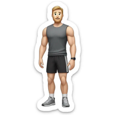 Full height Actively gesturing with hands Pale skinned Fit Man With the biceps and brown hair in dark gray Sleeveless Mike, black oversize sports shorts, watch and white Sneakers sticker