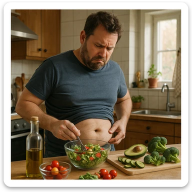 hyper realistic 4K image of a man preparing a healthy meal, showing frustration about stubborn belly fat, kitchen details, everyday atmosphere sticker