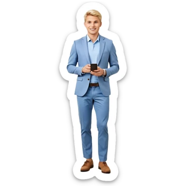 Confident and outgoing male entrepreneur, Caucasian features, short blonde hair, big friendly smile, expressive eyes, wearing a blue blazer over a light blue shirt, dark trousers and brown shoes, holding a smartphone in one hand and a coffee cup in the other, standing pose, full-body, front-facing sticker
