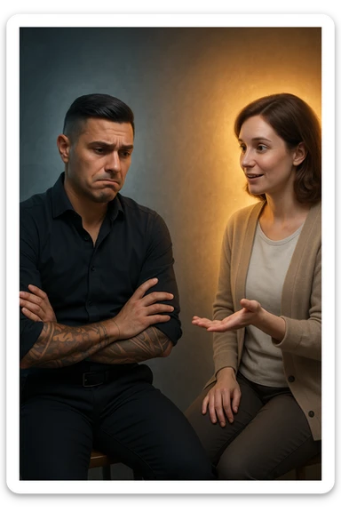 Uomo tra i 30 e i 40 anni seduto su una sedia, sguardo dubbioso, con le mani incrociate in grembo. Di fronte a lui, una donna calma e gentile gli parla e gli offre una soluzione con gesto aperto. Intorno a lei, un’aura luminosa. Intorno a lui, la sua aura maschile si affievolisce, come se stesse perdendo forza interiore. L’uomo appare indeciso, la postura è passiva. Ambientazione neutra, toni simbolici, atmosfera silenziosa. Luci fredde e calde in contrasto. Stile realistico con accenti metaforici sticker