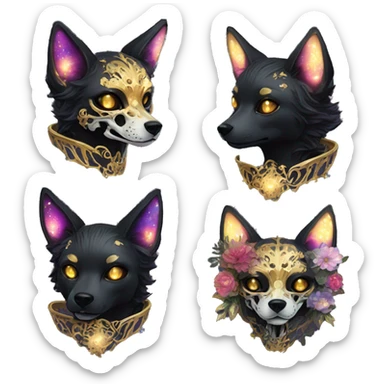 Black iridescent dog fox zombie skeleton gold mechanical nebula galaxy stars flowers fairy lights vintage sticker