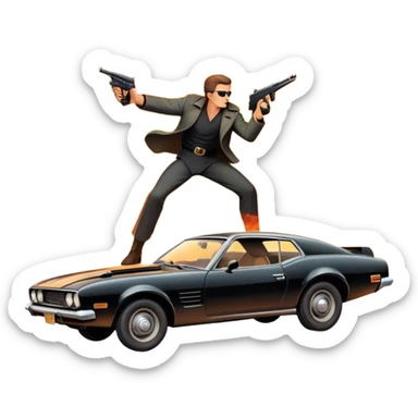 Icon for Action Movie: A vintage movie poster-style design featuring intense action scenes—explosions, gunfire, and dramatic stunts. Include a hero in a dynamic pose with weapons, a car chase, and a fiery background. Retro cinematic feel with bold typography. Transparent background. sticker