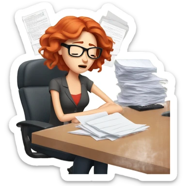 red hair woman wearing glasses sleeping frustrated desk monitor stack paper sticker
