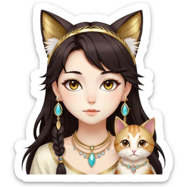 Beautiful gorgeous anime cat-lady with beautiful dark-brown-special-hair, fashion aesthetic, ethereal, feather, accessories, gold jewelries, gold, colorful, feline ears,  sticker