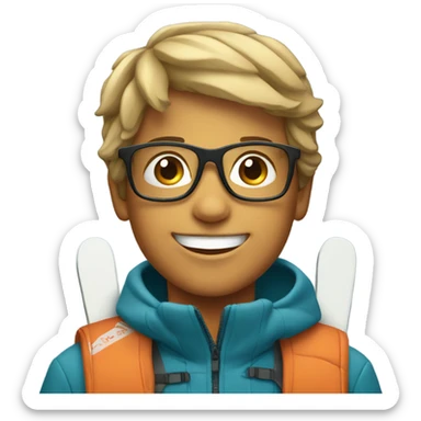 smiling boy with glasses with skiing gear sticker