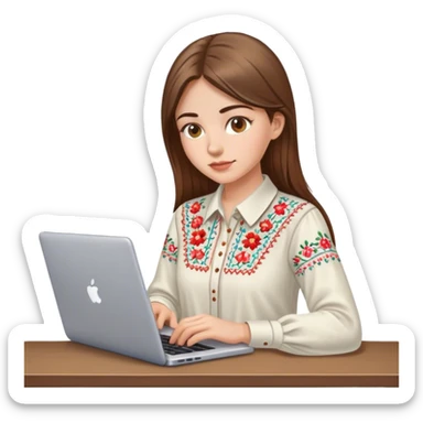 A Ukrainian girl with brown hair in an embroidered shirt works at her laptop sticker
