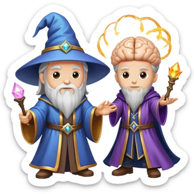 wizard and brain in a magical duel with glowing spell effects sticker