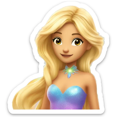 Stella adult latina fairy of nature in her enchantix fairy orange clothing and fairy enchantix wings and long blonde hair from winx club. Small eyes, Lots of sparkles and fairydust. Full body and full fairy bliss sticker