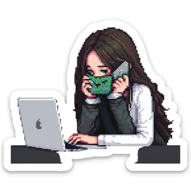 girl hiding her face while working behind a MacBook, pixel art style sticker