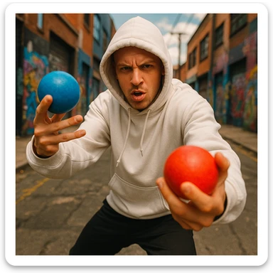 A white rapper in a hoodie, blue and red balls in opposite hands, dynamic pose, hip hop vibe sticker