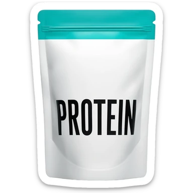Minimalist studio shot of a white resealable protein pouch with a teal top, bold black text on the front, clean white background, soft lighting, high-resolution product photography. sticker