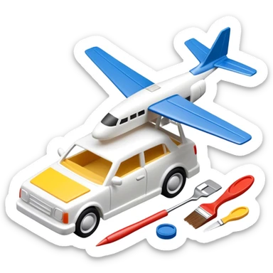 model-building tools like glue, paint, small paintbrushes, and pieces of a plastic model car or airplane in the process of being assembled. The design includes detailed textures of the model pieces and tools, capturing the focus and creativity of model building. Transparent background. sticker