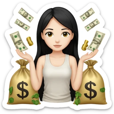 a pretty bratz fair girl with long straight black hair  with a white tank top surrounded by money bags sticker