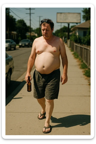 A cinematic daytime street photo of a shirtless man in his mid-40s walking slowly down a suburban sidewalk. He has a visible beer belly, pale skin slightly arrossata dal sole, and holds a brown glass bottle of beer loosely in his right hand. He wears baggy shorts and worn-out flip-flops, with messy hair and sunglasses on his head. His expression is indifferent, relaxed, almost detached. Around him, the street is quiet: parked cars, a low fence, and a faded billboard in the background. Lighting is high noon with strong shadows, emphasizing the roundness of his belly and the glint of the bottle. Style: 35mm film, high realism, slightly desaturated tones, shallow depth of field to focus on the subject’s body language and lifestyle sticker