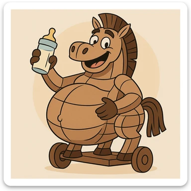 modern comic style of a trojan horse with a baby belly, smiling and holding a baby bottle, funny and cute sticker