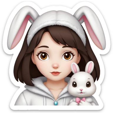 a girl with dark brown hair and white skin, varrying white cute rabbit sticker