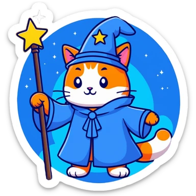Mystical cat wizard with starry blue robes and glowing magic staff sticker
