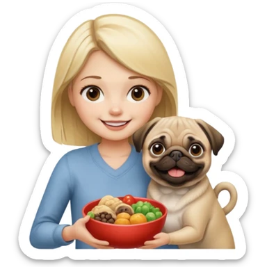 haz una chica rubia dandole comida a su perro pug sticker