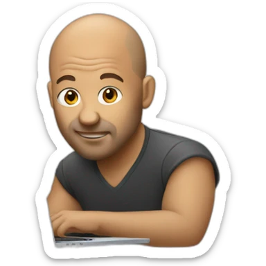 wild haired balding artist behind a macbook sticker