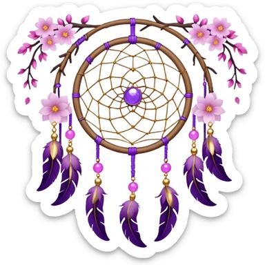 A white-wooden-circle-framed Dreamcatcher. with purple-round-orbs, gold-rings hanging down. purple flowers, pink sakura flowers, sticker