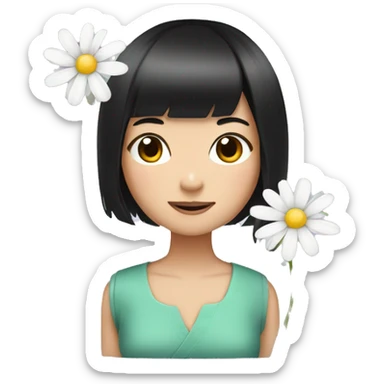 bob black hair asian girl with daisy flower sticker