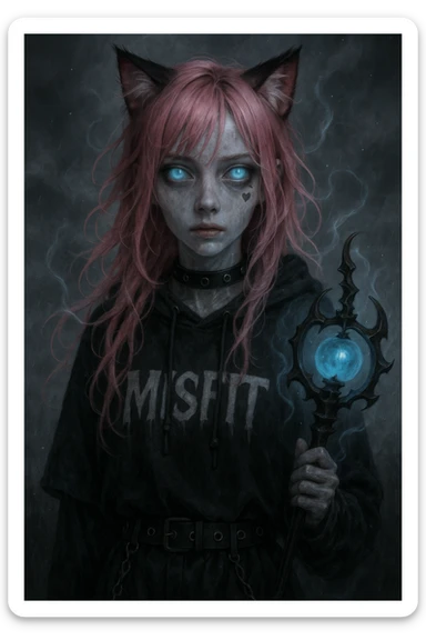 realistic anime catgirl with pink hair, emo streetwear, heart tattoo under left eye, dark magical accessory, sparkles, stormy background, ghostly horror look with translucent skin, glowing blue eyes, and ethereal wisps sticker
