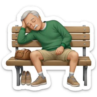 Old Man sleeping sideways on bench in green sweater, light brown shorts, and grey shoes sticker