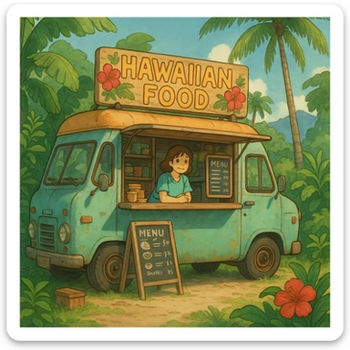 ghibli style Hawaiian food truck with lush greenery and island vibe sticker