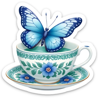 A delicate butterfly with pastel blue wings, resting on the edge of a green  porcelain teacup adorned with intricate blue floral patterns. sticker