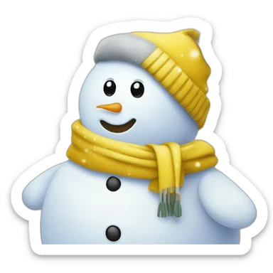  a white snowman with a yellow scarf on the background of a Christmas tree sticker