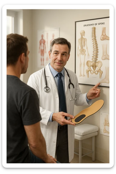 A realistic, cinematic illustration of a professional male doctor in his mid-40s, wearing a white coat, calmly explaining to a patient the benefits of using orthopedic insoles (plantari) for posture correction. The doctor holds a custom insole in his hand while pointing gently to a detailed anatomical poster showing the human spine, pelvis, and feet, illustrating the connection between foot alignment and posture. The setting is a bright, clean medical office with soft natural lighting, a treatment table, and educational anatomical charts in the background. The patient, seen from behind, listens attentively, while the doctor maintains a warm, knowledgeable expression, emphasizing preventive care and body alignment through plantar support. The scene feels trustworthy, modern, and health-focused. sticker