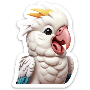 Cinematic Cute Yawning Cockatoo Portrait Emoji, Head tilted slightly with a dramatic, wide-open yawn, showcasing a plump, feathered body with a softly drooping crest and sleepy, half-closed eyes, Simplified yet irresistibly adorable features, highly detailed, glowing with a soft, cozy tropical glow, high shine, relaxed yet expressive, stylized with a dash of whimsical avian charm, soft glowing outline, capturing the essence of a drowsy yet affectionate cockatoo that appears ready to stretch out and yawn its way off the screen! sticker