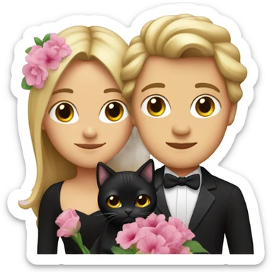 Dark blonde woman with long hair hugging a black tuxedo cat with flowers sticker