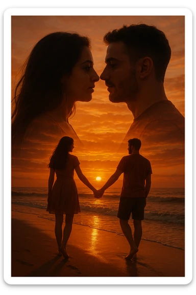 Una doppia esposizione cinematografica di noi di profilo, con un paesaggio di spiaggia al tramonto integrato nella silhouette.
La scena interna ci mostra entrambi camminare sulla sabbia bagnata, tenendoci per mano, con le onde del mare che si infrangono è facile e un cielo colorato dagli ultimi raggi di sole. Atmosfera calda e intima, toni dorati arancioni, dettagli fini ed espressivi, risoluzione 8K. sticker