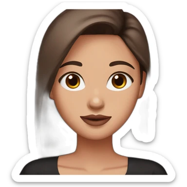 A girl with brown eyes, long straight brown hair, plump pink lips with an oval face in a black dress sticker